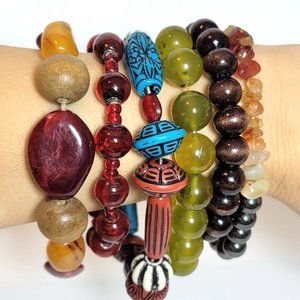 Set of 6  Stretch Beaded Wood Stone Balance Zen Bracelet Set  NOT WILLING TO SEP